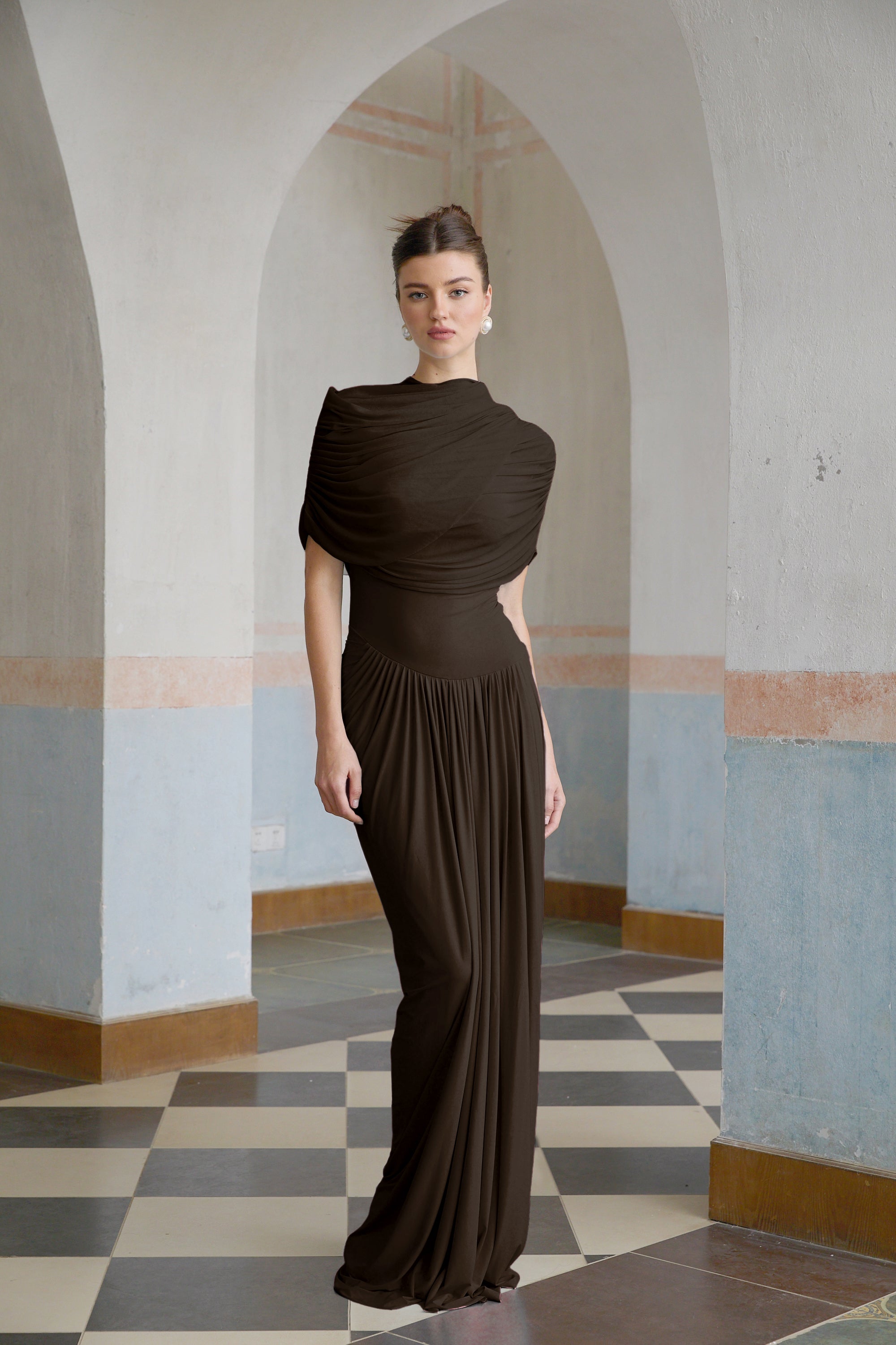 Catherine asymmetrical pleated maxi dress in Brown