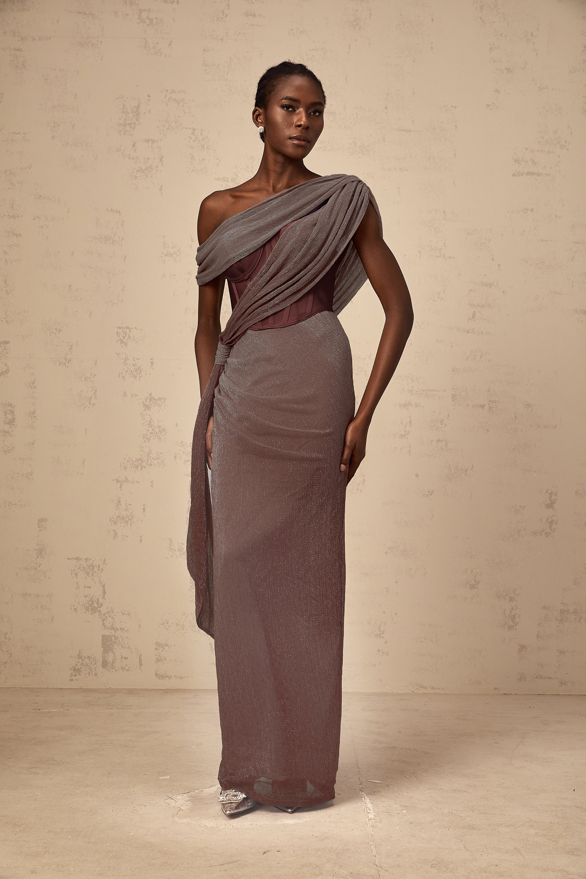 Delphine ribbon-design corset maxi dress in Brown