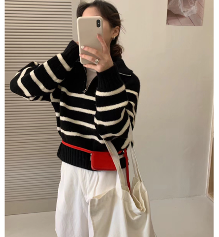 Doro | Dames Gestreepte Dikke Pullover met Rits – Comfortabel