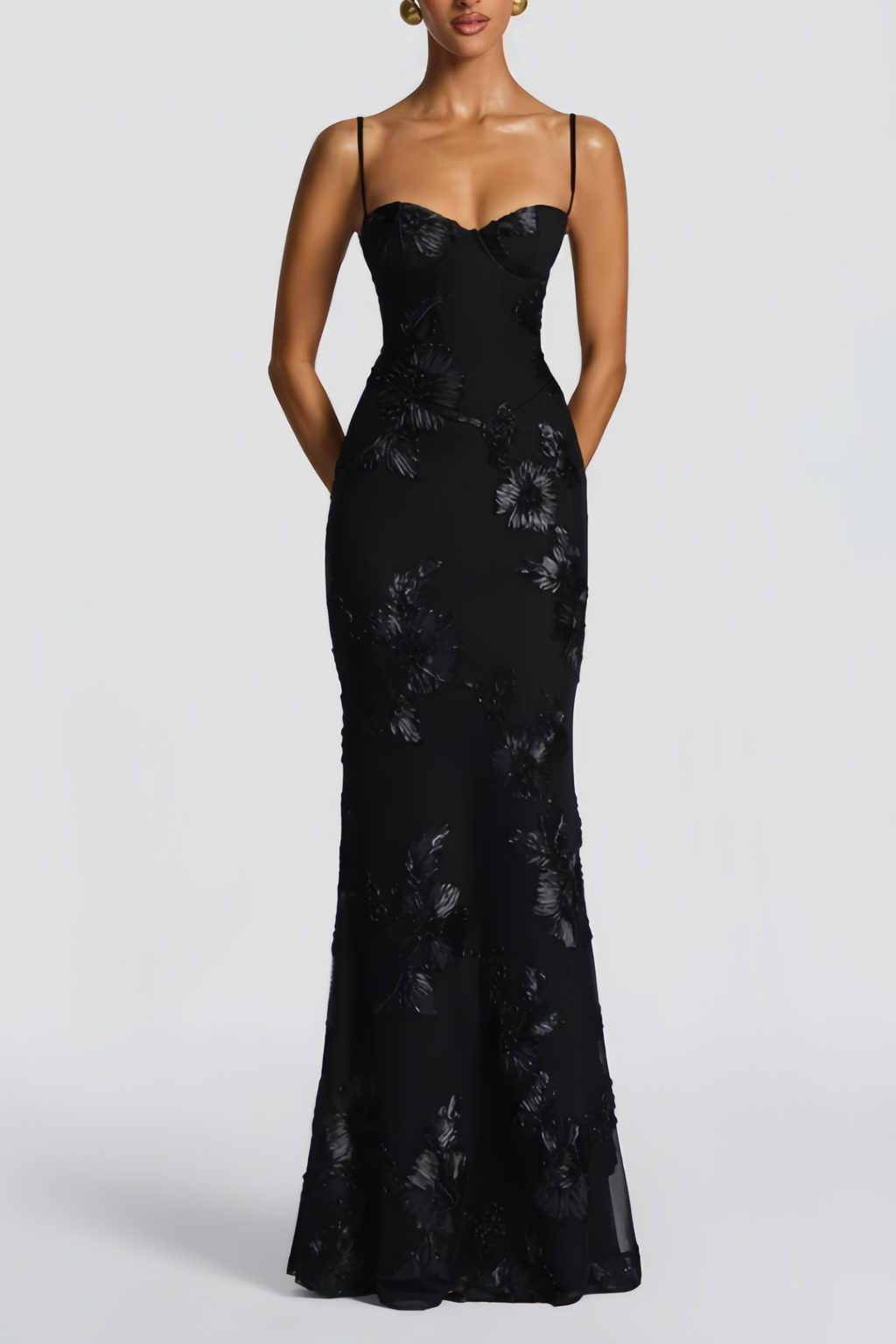 Théoline Black Floral Appliqué Corset Maxi Dress