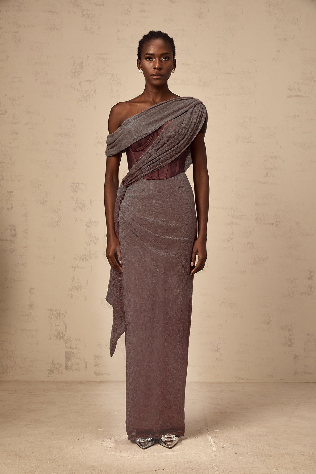 Delphine ribbon-design corset maxi dress in Brown