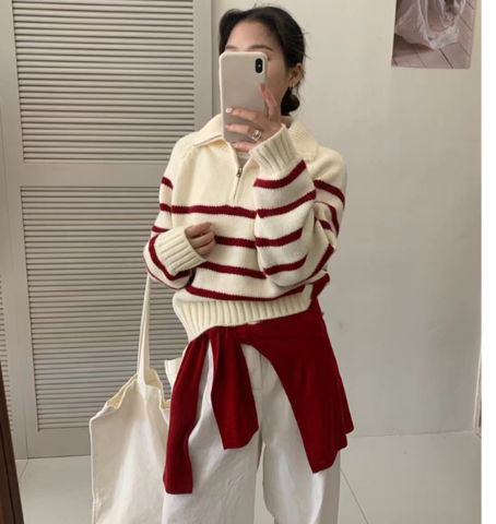 Doro | Dames Gestreepte Dikke Pullover met Rits – Comfortabel