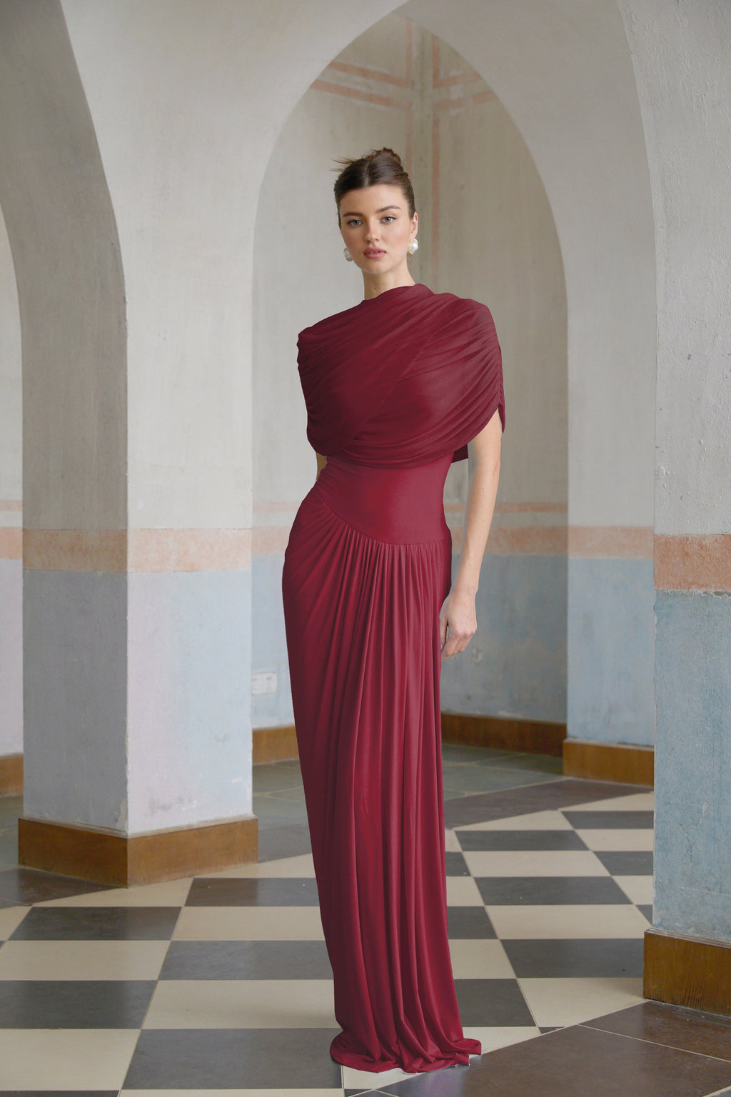 Catherine asymmetrical pleated maxi dress in Red