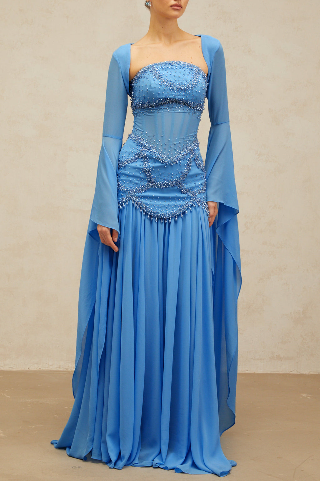 Gaëlle Blue Faux-pearl-embellished Pleated Maxi Dress