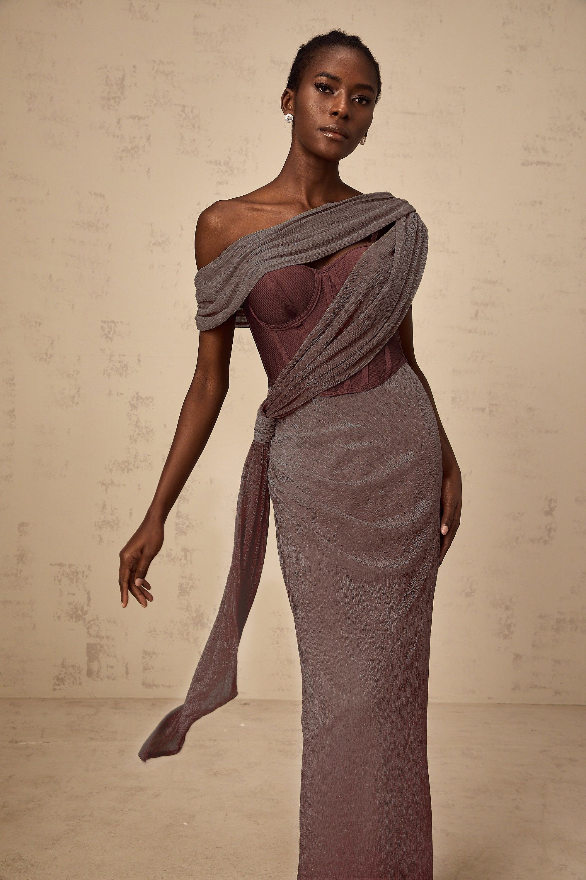 Delphine ribbon-design corset maxi dress in Brown