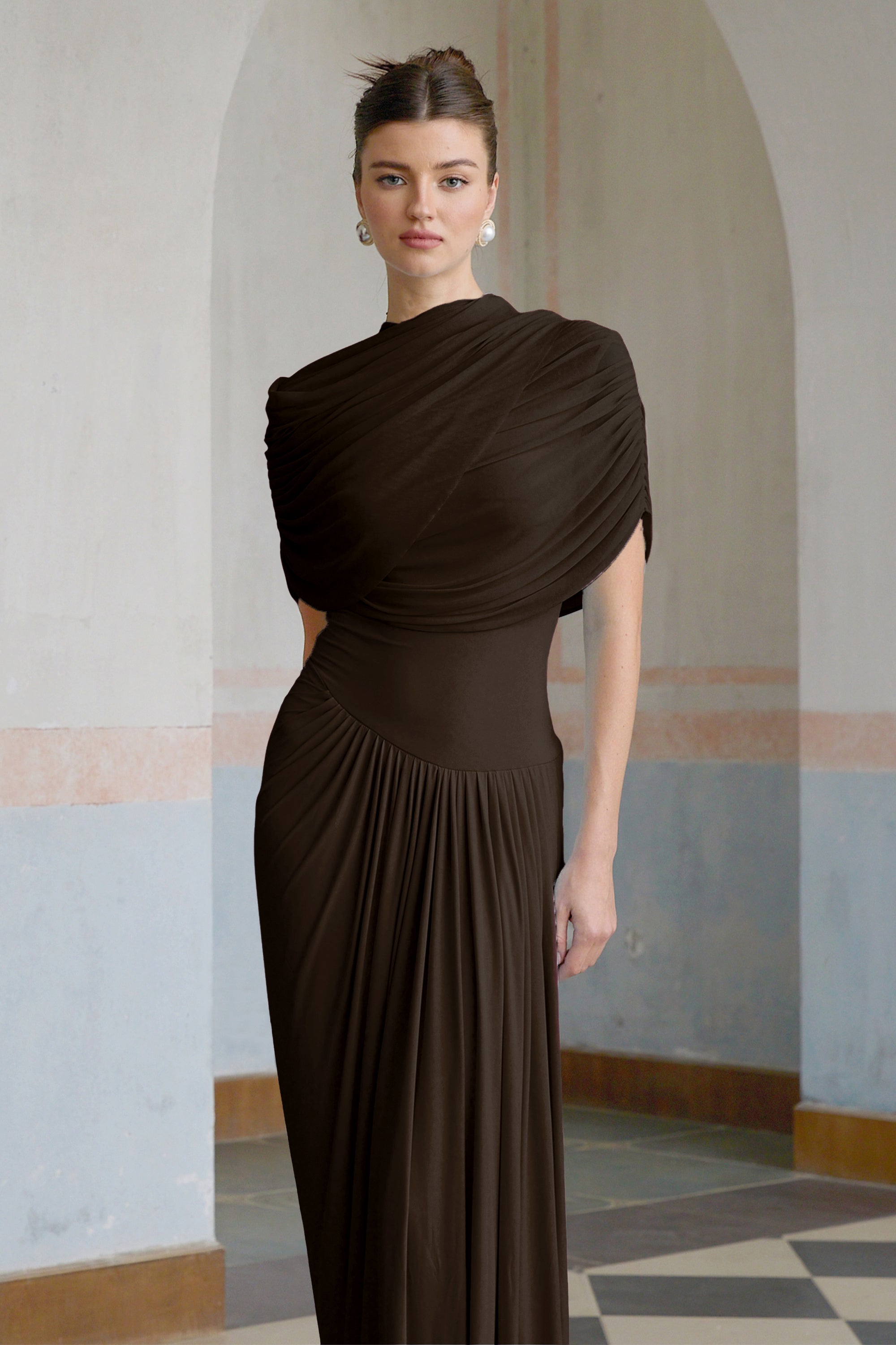 Catherine asymmetrical pleated maxi dress in Brown