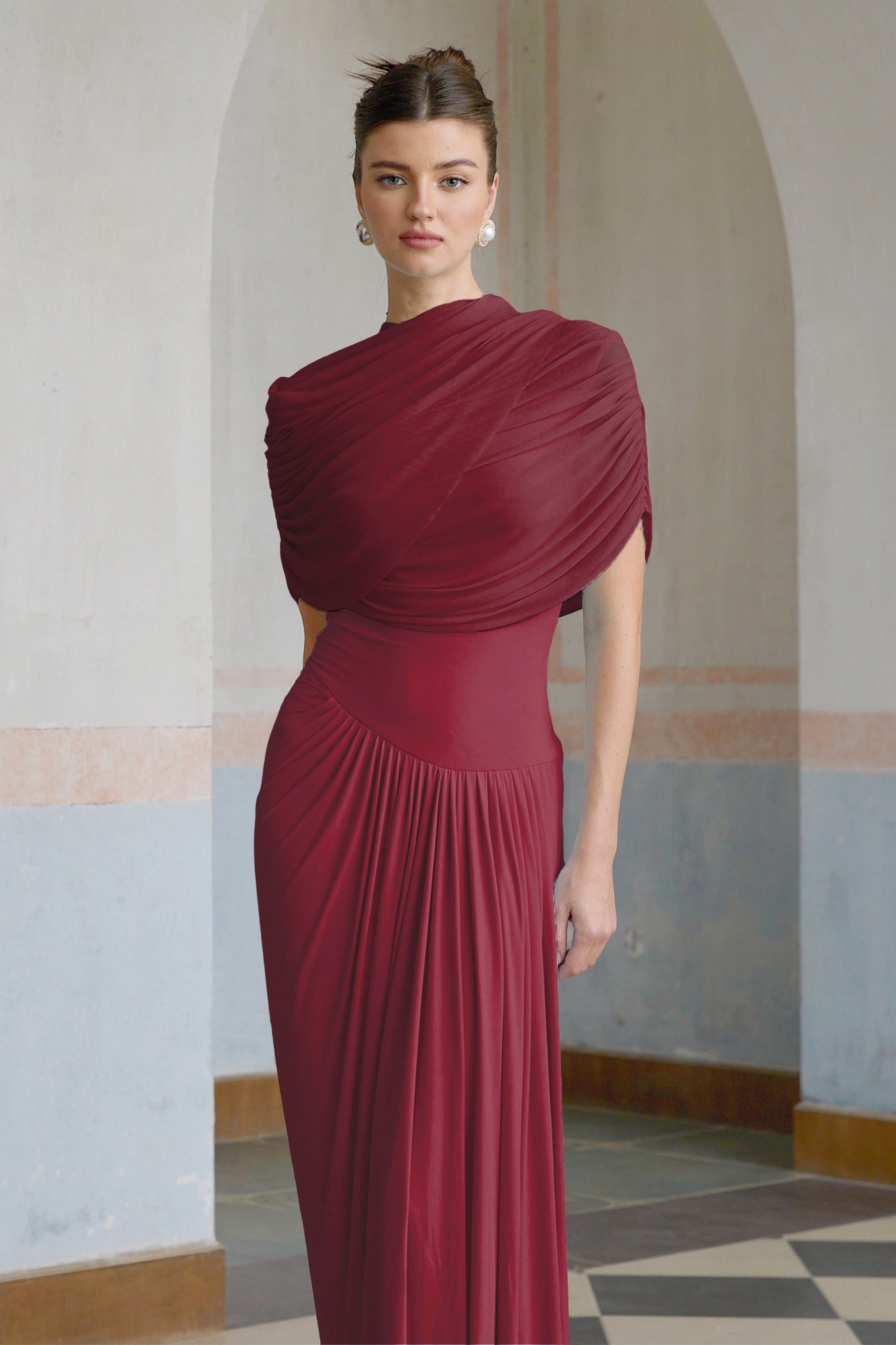 Catherine asymmetrical pleated maxi dress in Red