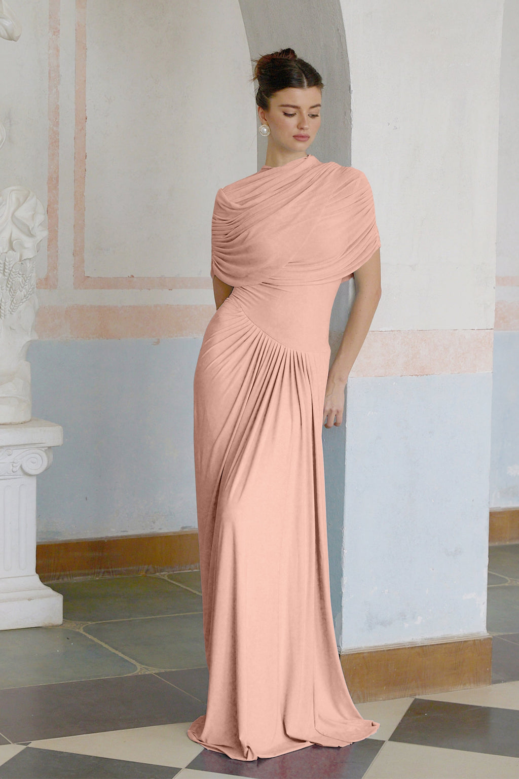 Catherine asymmetrical pleated maxi dress in Pink