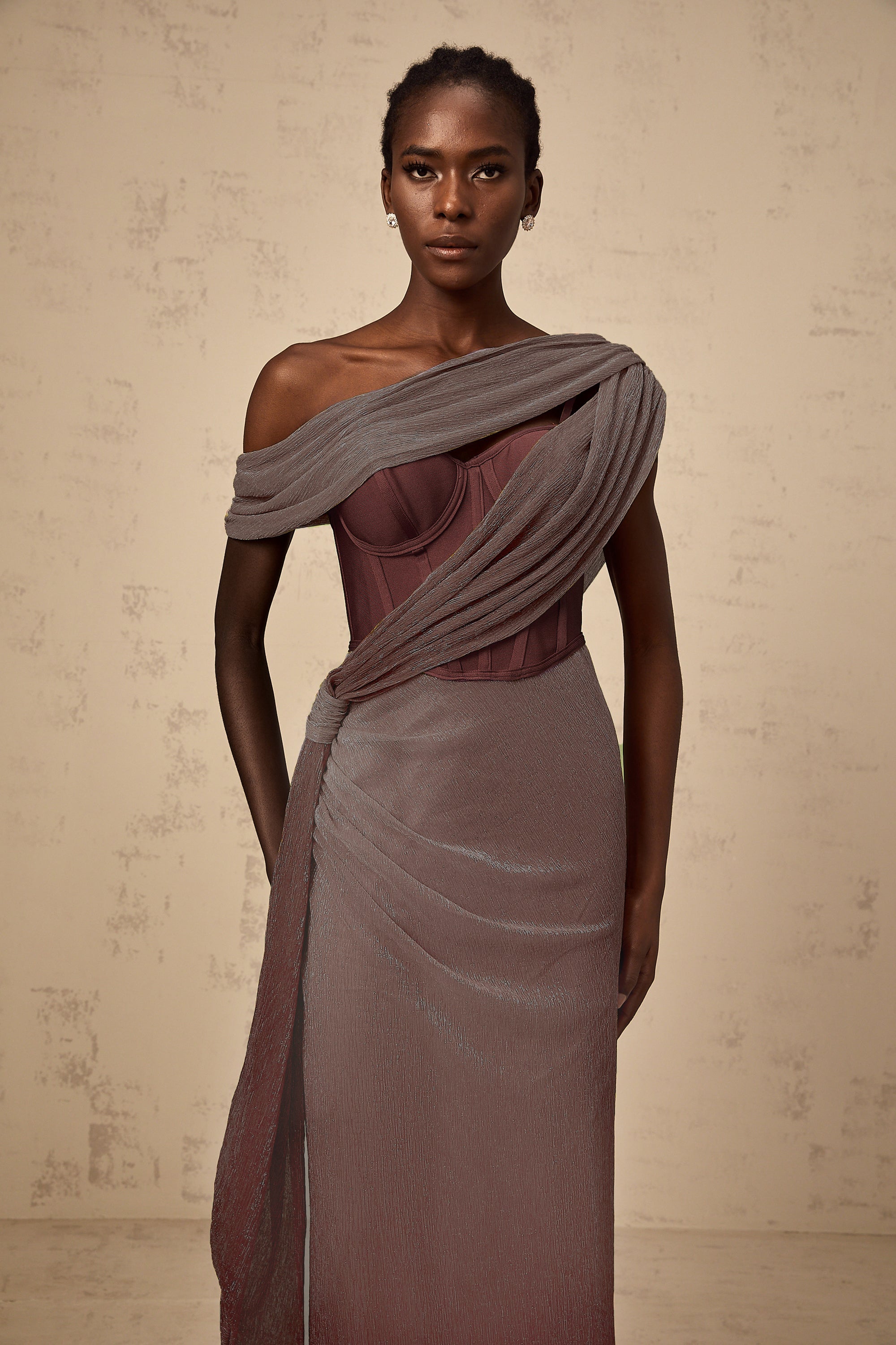 Delphine ribbon-design corset maxi dress in Brown