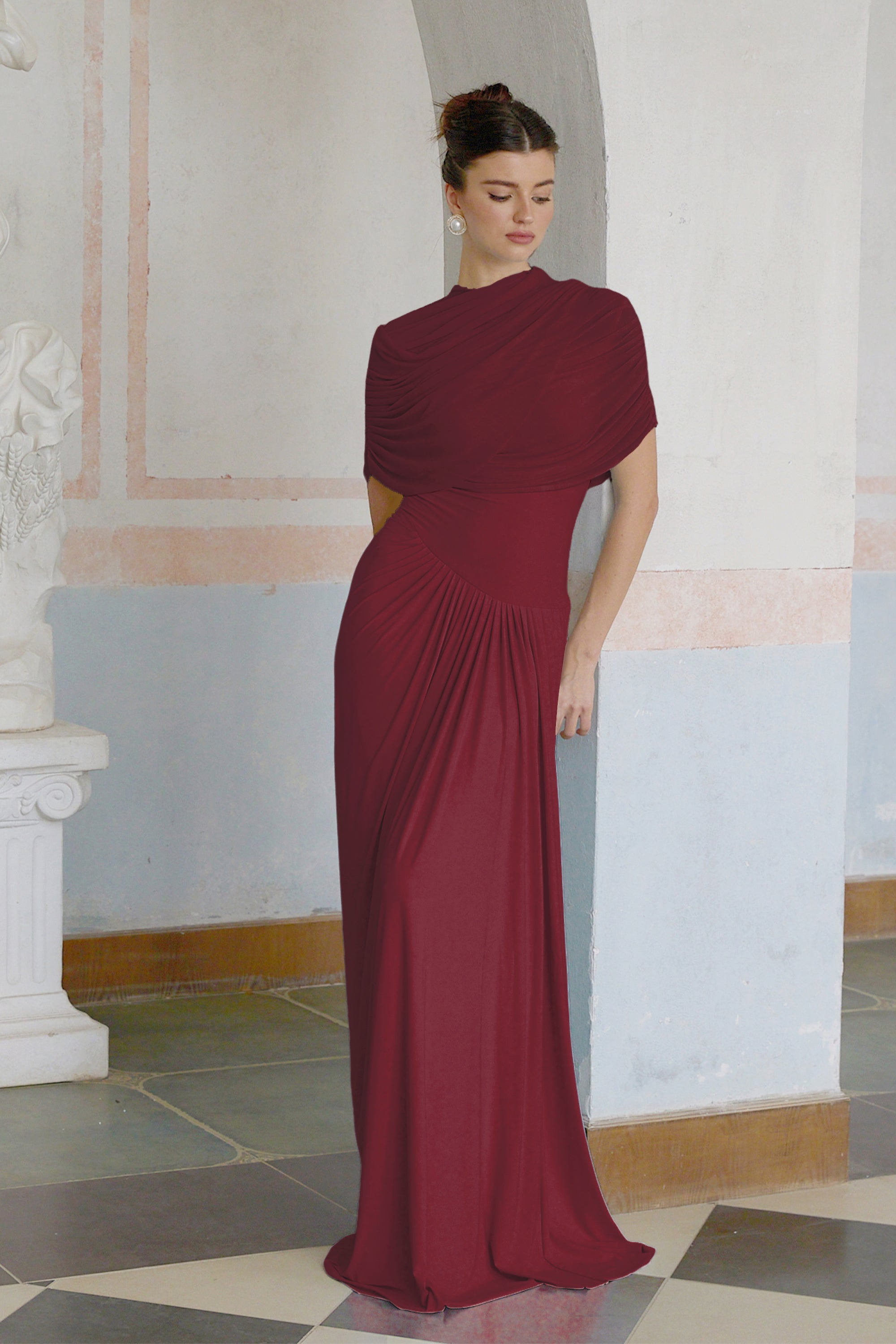 Catherine asymmetrical pleated maxi dress in Red