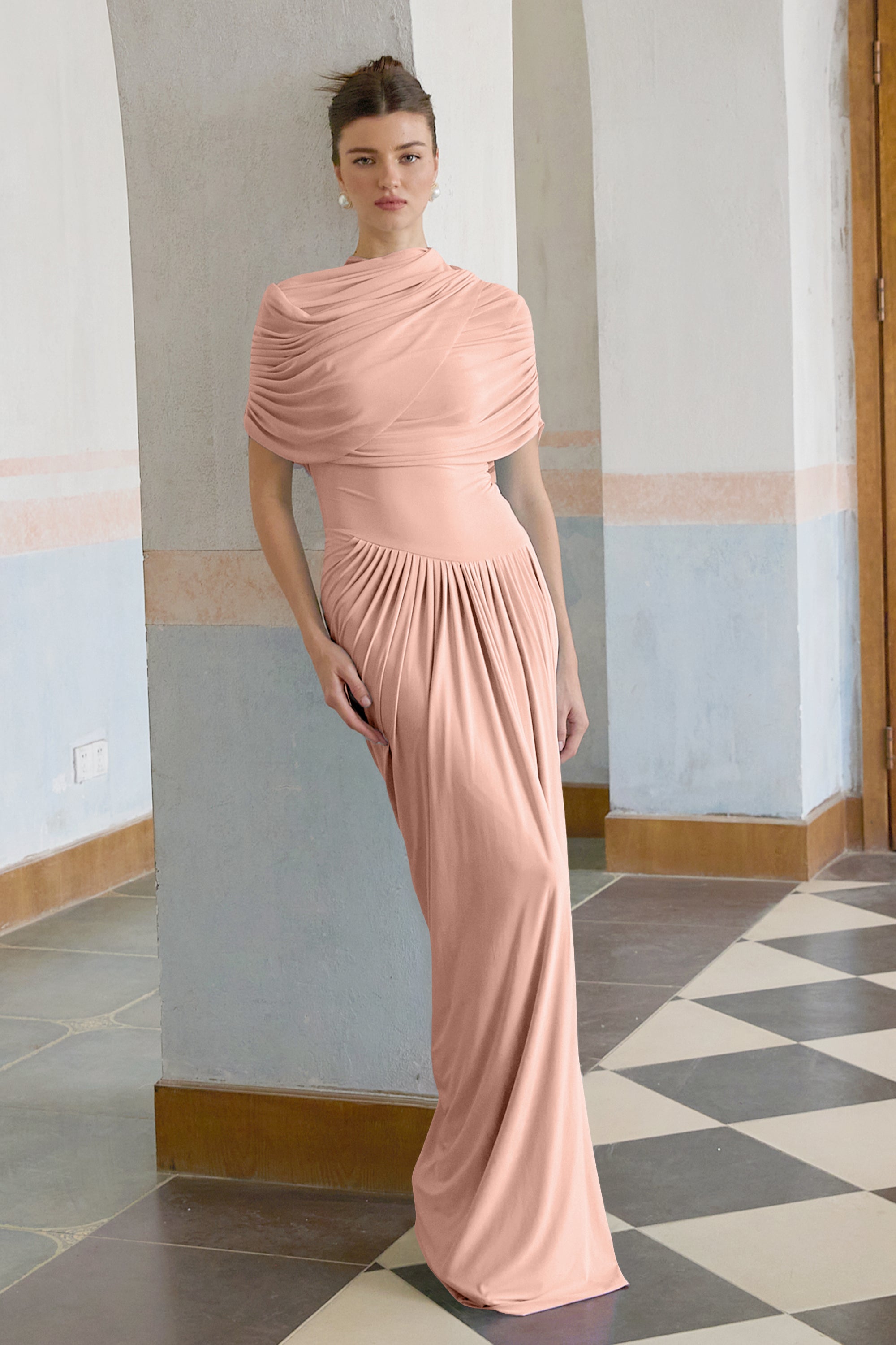 Catherine asymmetrical pleated maxi dress in Pink