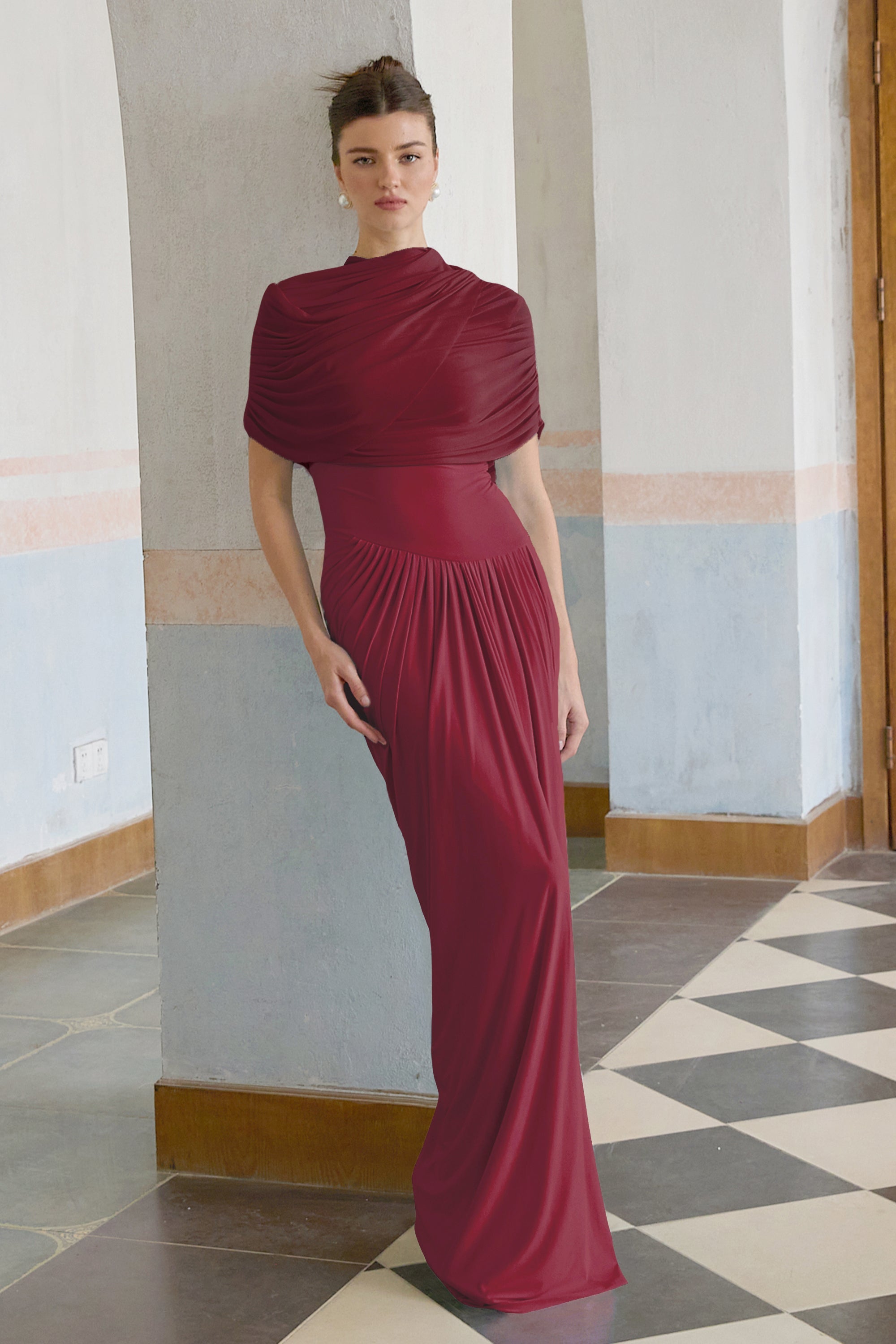 Catherine asymmetrical pleated maxi dress in Red