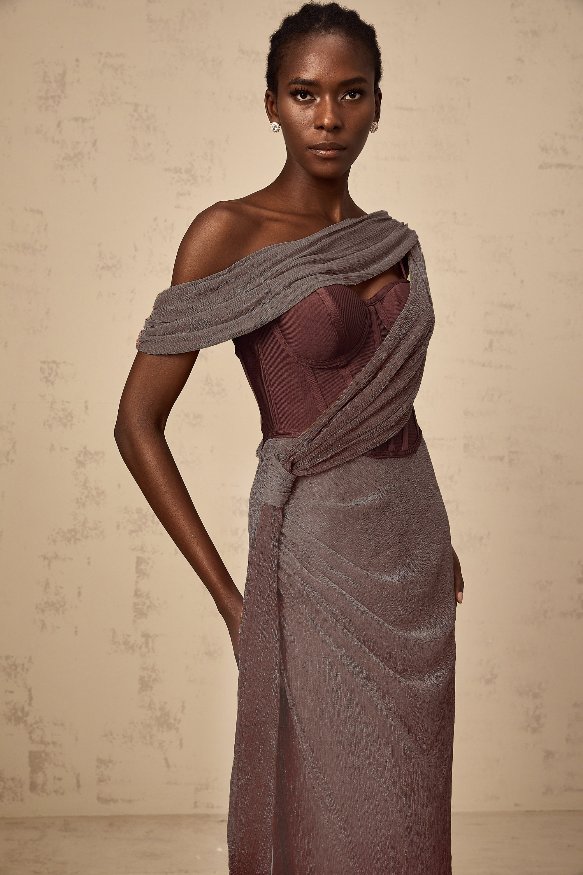 Delphine ribbon-design corset maxi dress in Brown