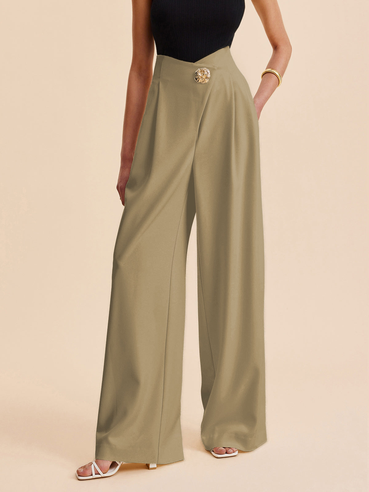Gia | Elegante High Waist Wide-Leg Broek met Gouden Knoop