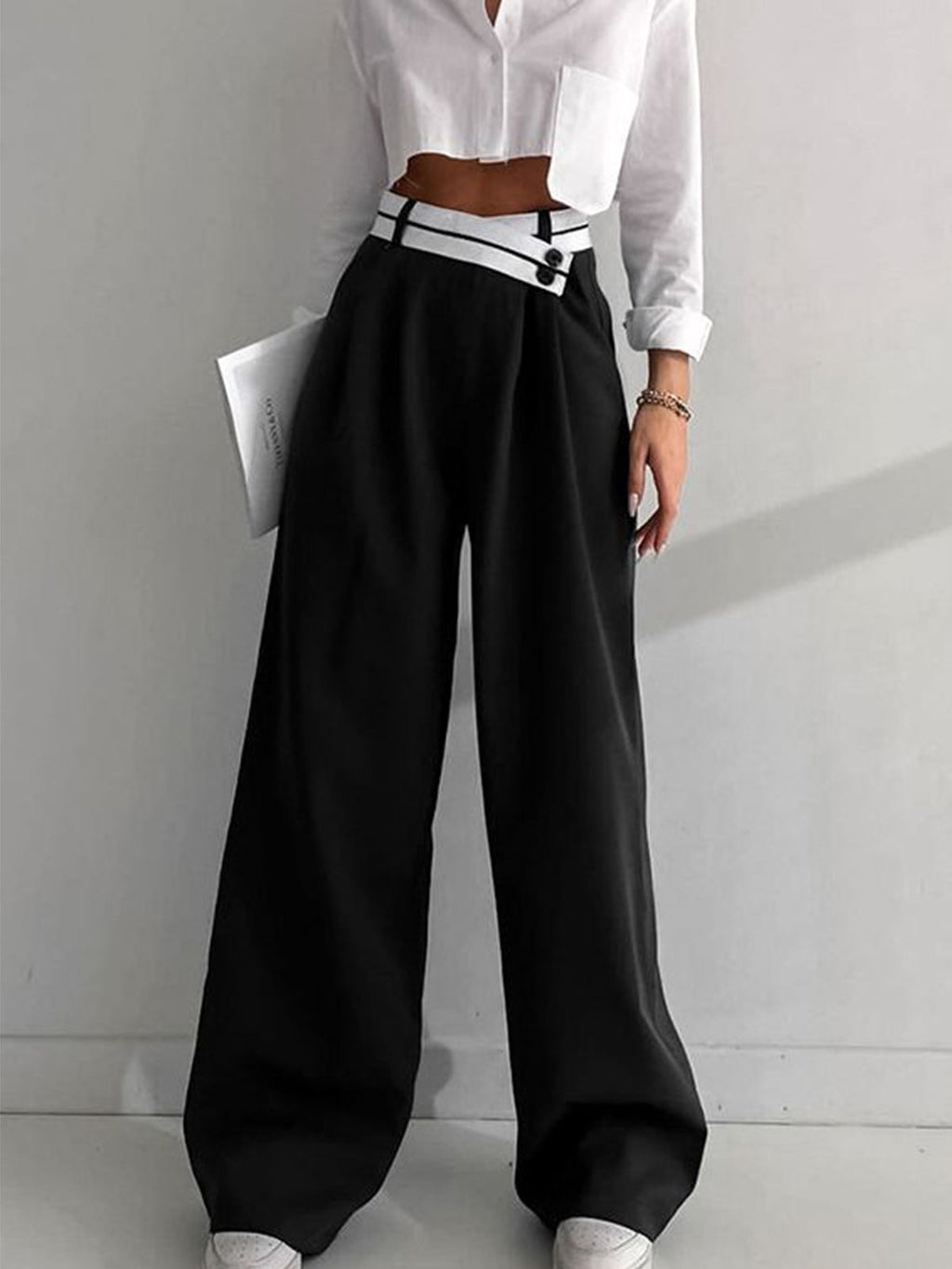 Inge | Asymmetrische Wide Leg Pantalon met Contrast Tailleband