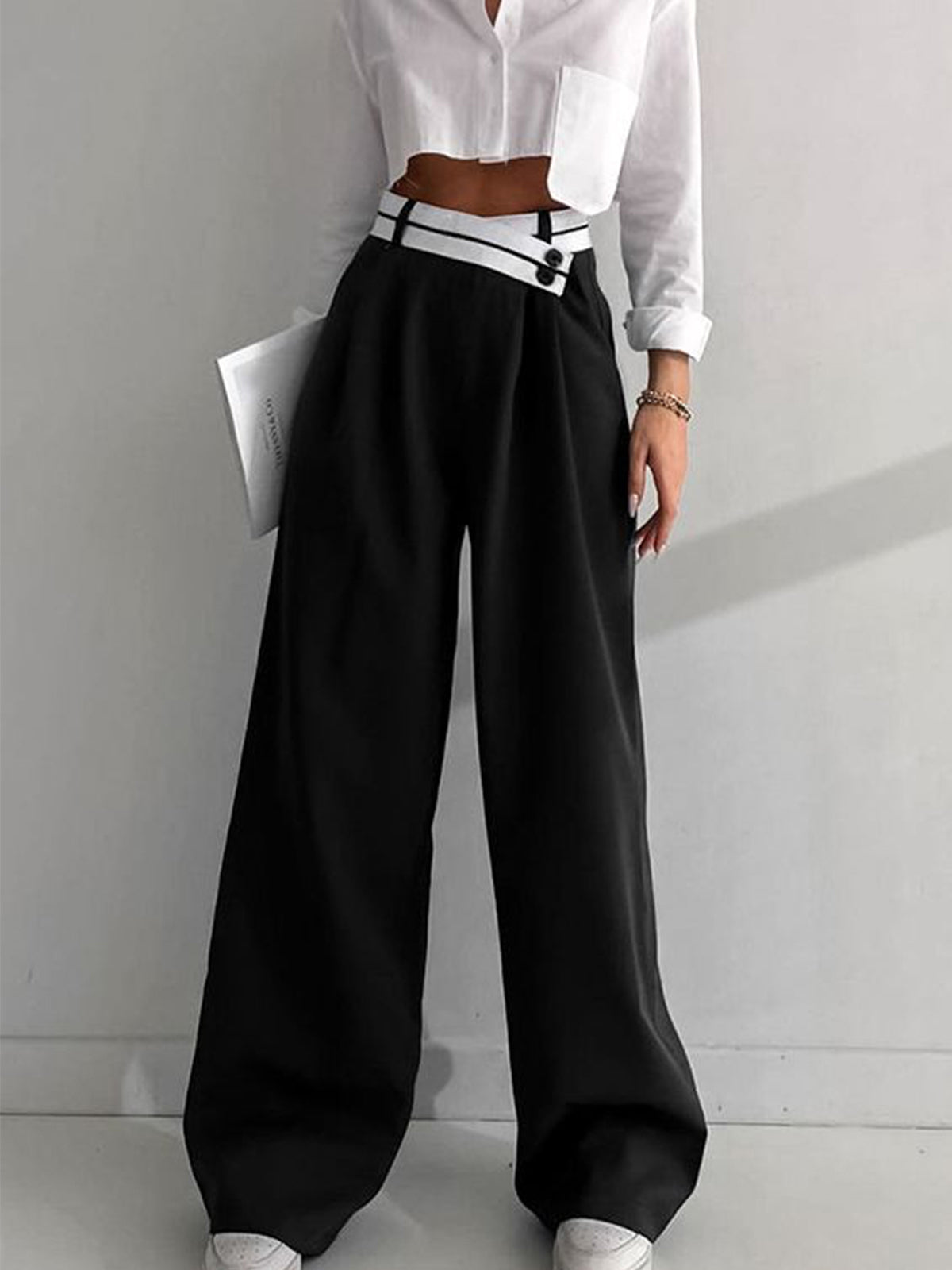 Inge | Asymmetrische Wide Leg Pantalon met Contrast Tailleband
