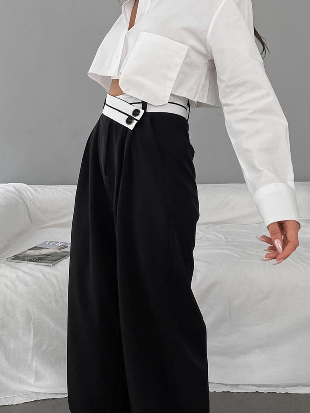 Inge | Asymmetrische Wide Leg Pantalon met Contrast Tailleband
