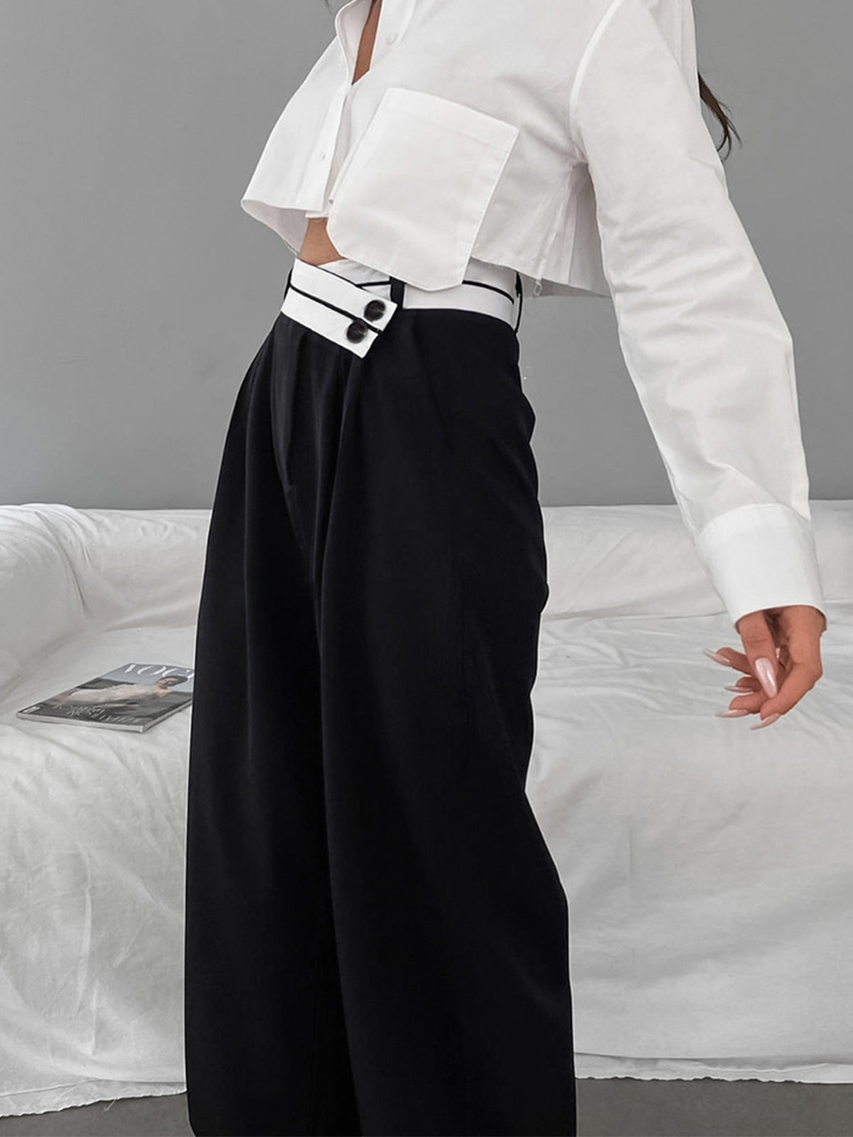 Inge | Asymmetrische Wide Leg Pantalon met Contrast Tailleband