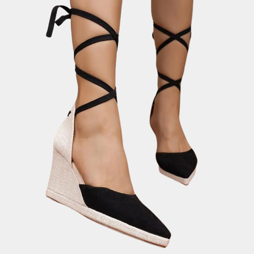 Modesta | Zwarte Dames Sleehak Sandalen met Vetersluiting