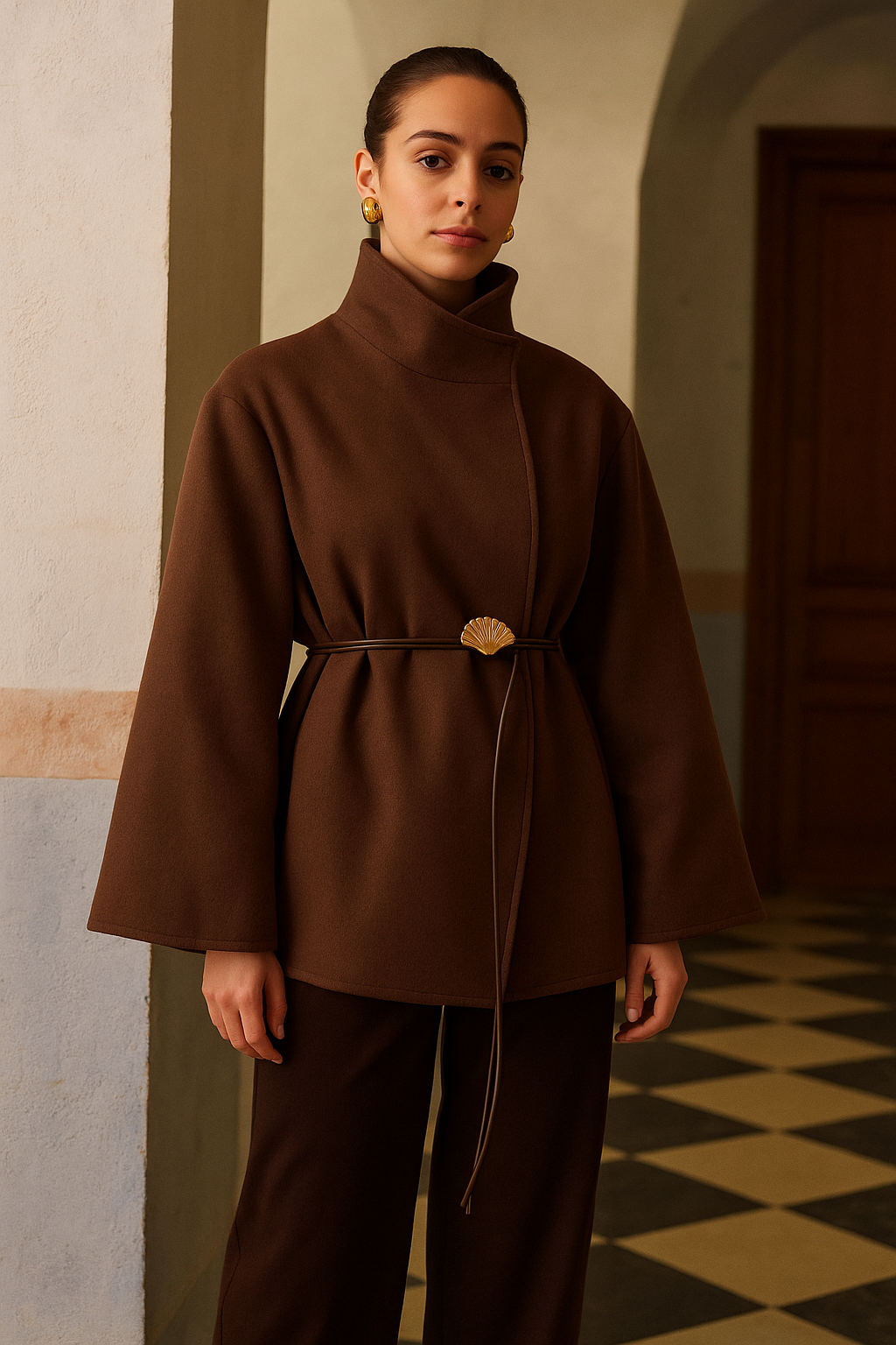 Nemea | Klassieke Warme Lariat-Mantel met Ceintuur en Kraag