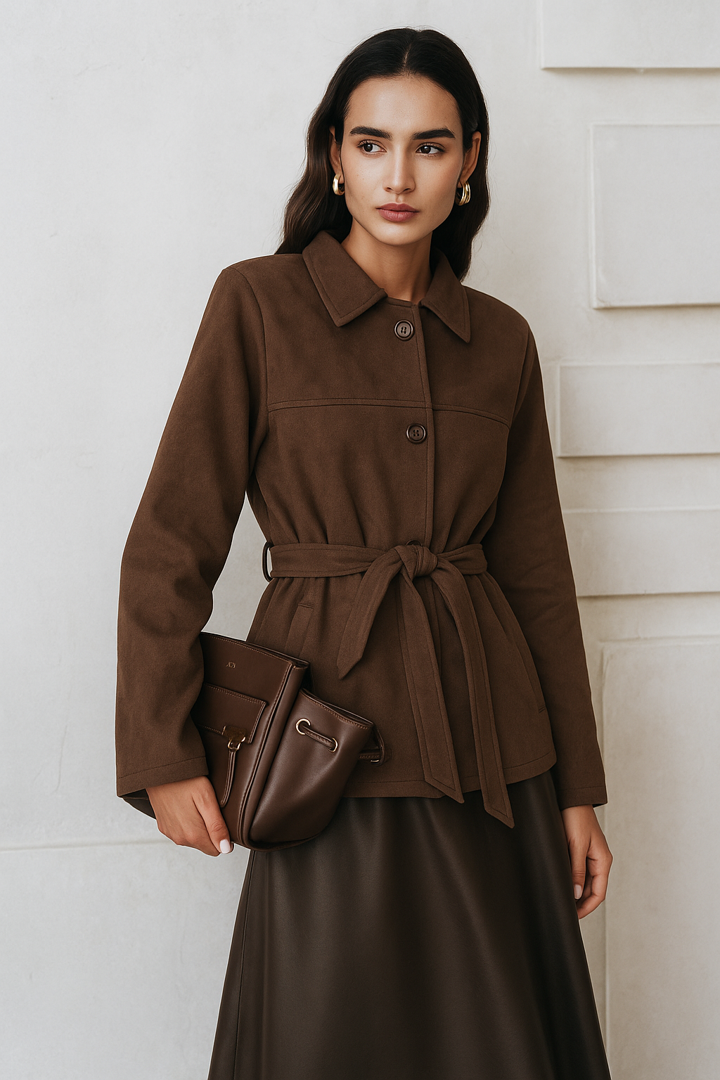 Meli | Elegante Suede Damesjas - Stijlvolle Knopen met Strikceintuur