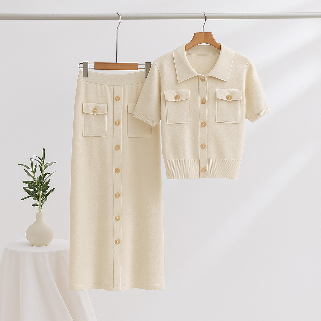 Luxe Tweedelige Set - Trui met Korte Mouwen en Lange Rok