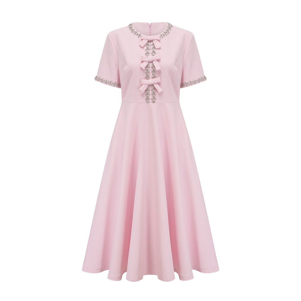 Cassiopeia crystal-accented pink bow midi dress