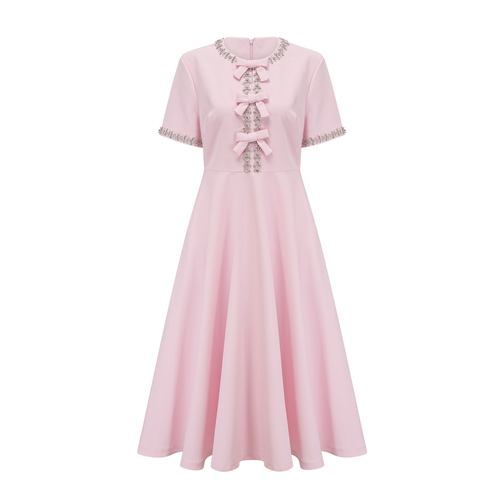 Cassiopeia crystal-accented pink bow midi dress