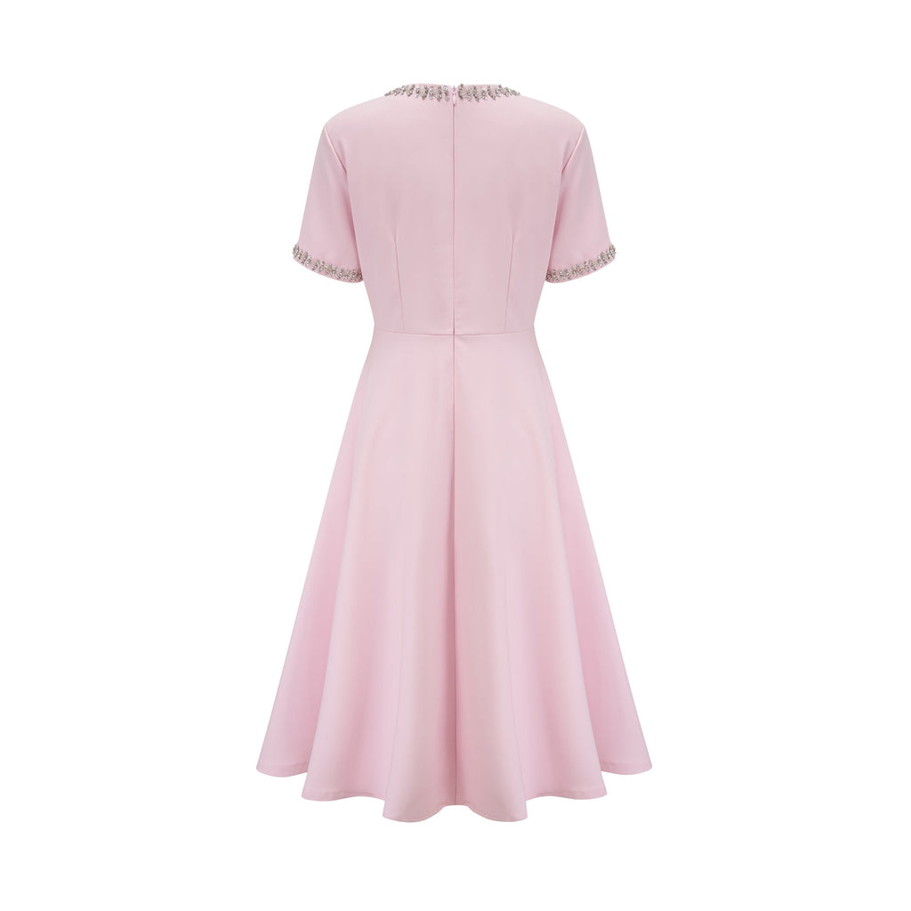 Cassiopeia crystal-accented pink bow midi dress