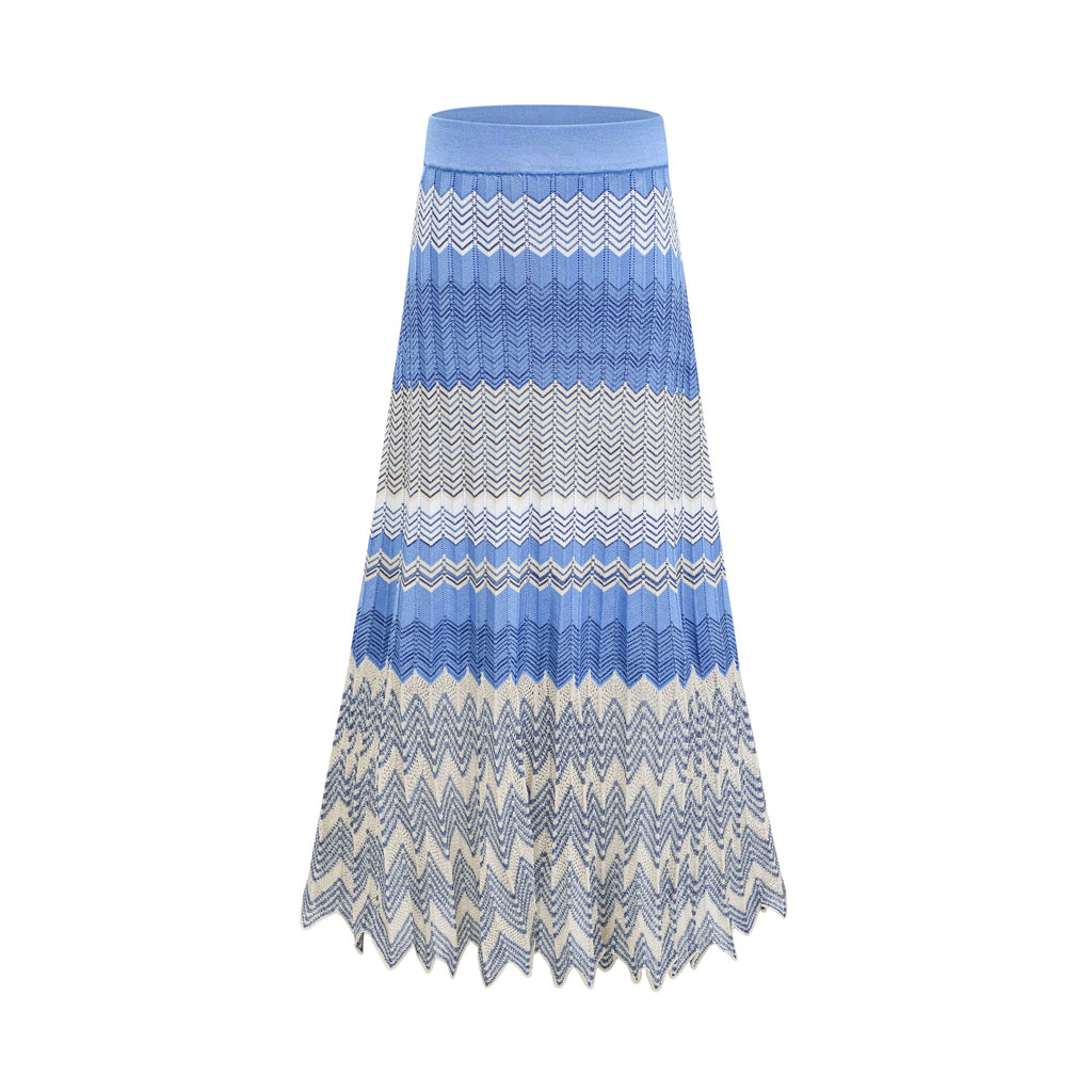 Daniela blue zigzag-design knit top & skirt matching set