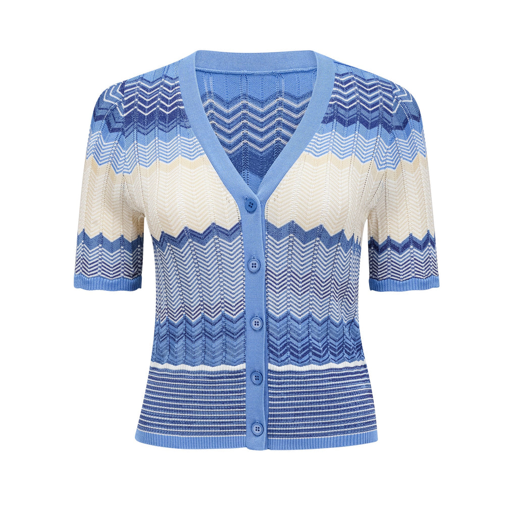 Daniela blue zigzag-design knit top & skirt matching set