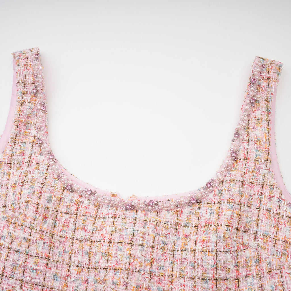 Aoife rosa utsmyckad tweed miniklänning 