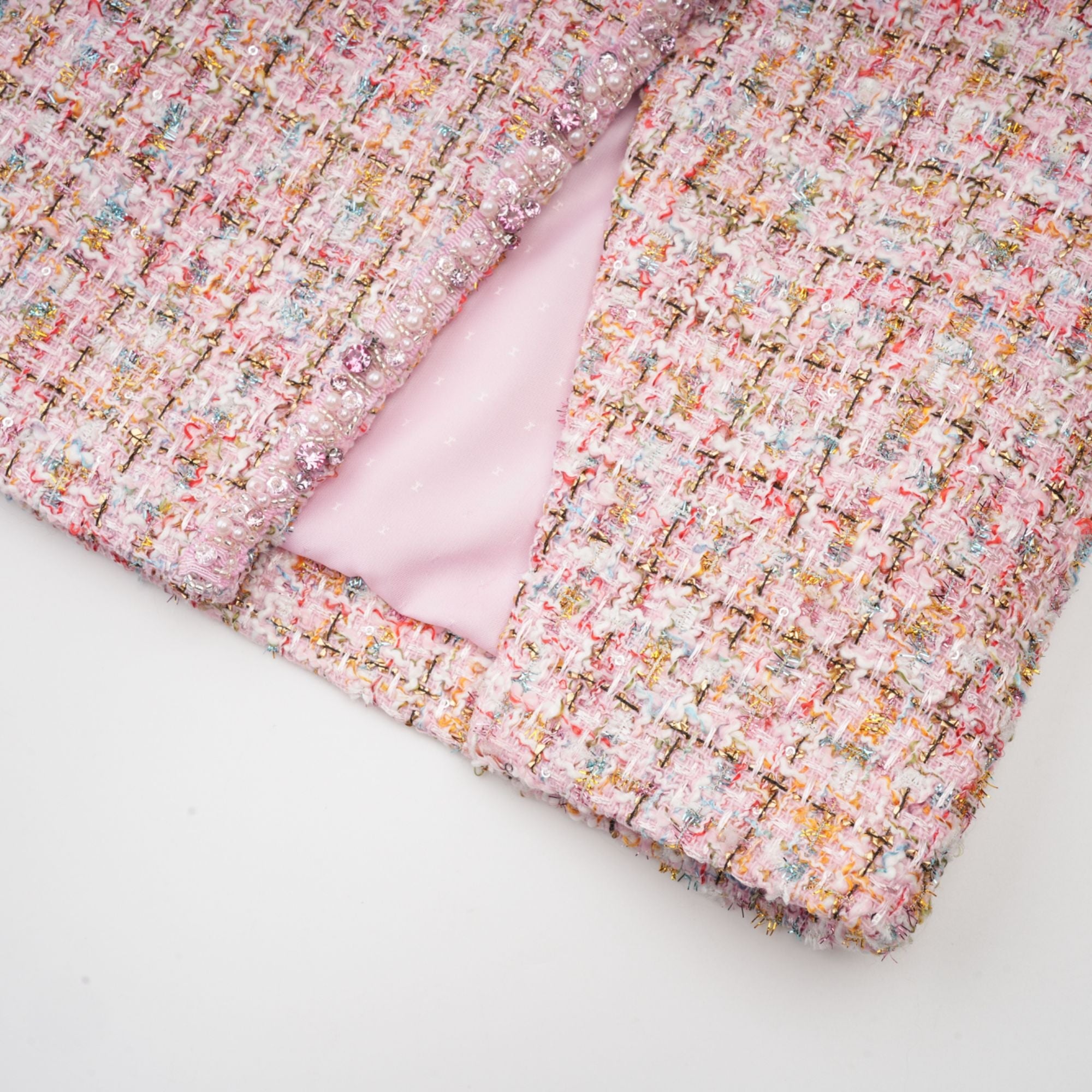 Aoife rosa utsmyckad tweed miniklänning 