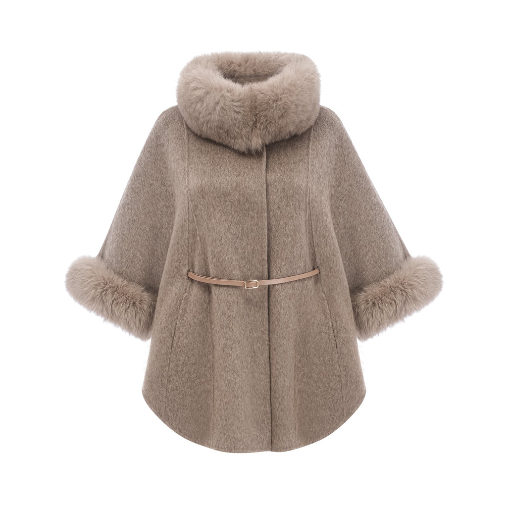 Chloris wool fur belted cape coat in Brown