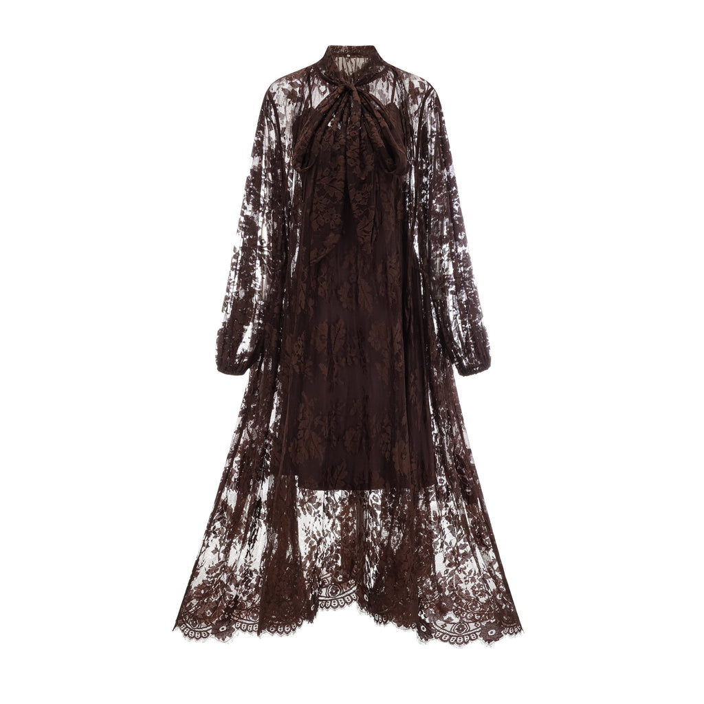 Sylvie brown chantilly-lace flared midi dress