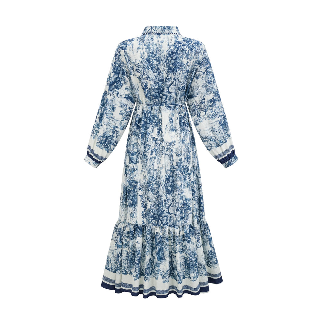 Adélaïde midiklänning med grafiskt tryck i blå 