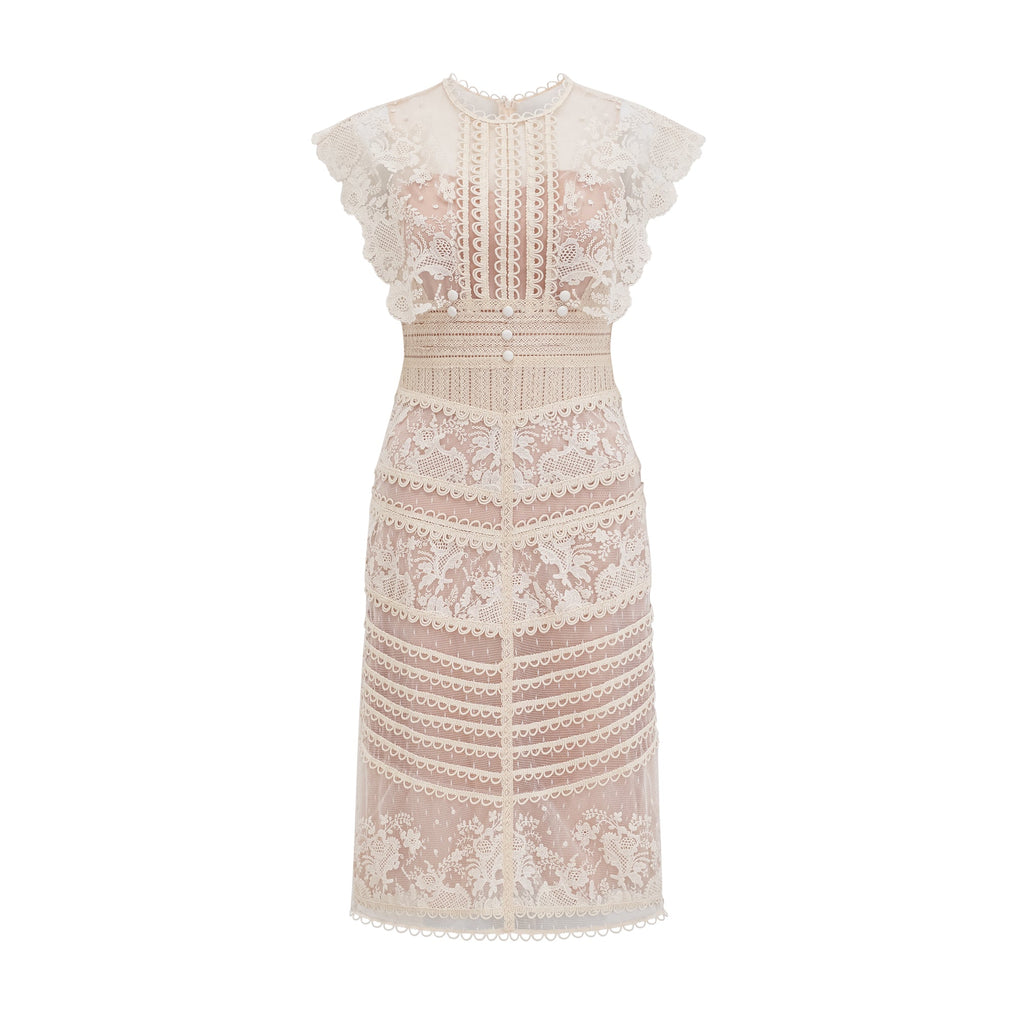 Fleur floral-embroidered lace midi dress in Neutrals