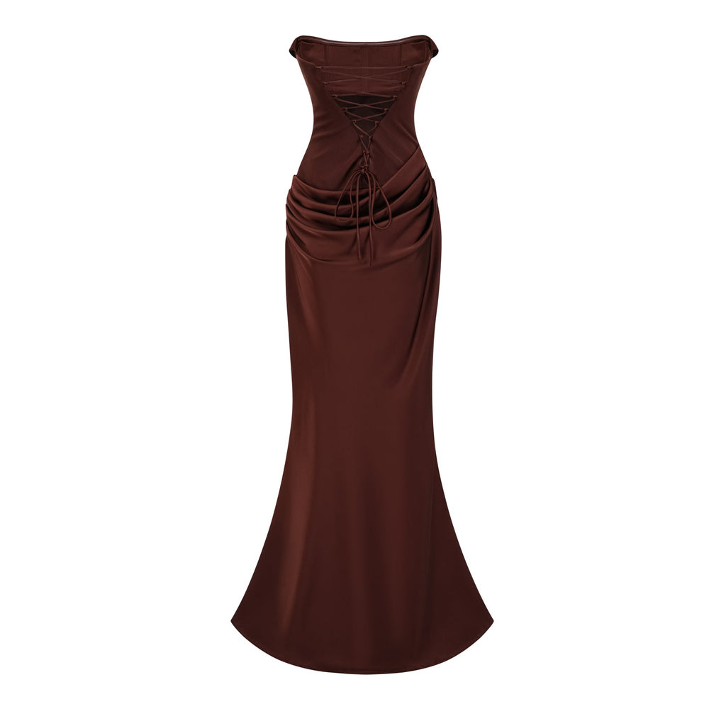 Vedette Brun Rynkad Korsett Maxiklänning (Utan Handskar)