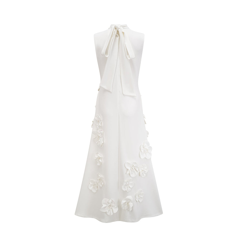 Magali White Sleeveless Maxi Dress with Faux Flower & Bow-Tie Embellishment