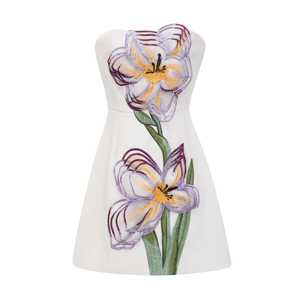 Irène Vit Off-Shoulder Paljett Blommig Broderad Miniklänning