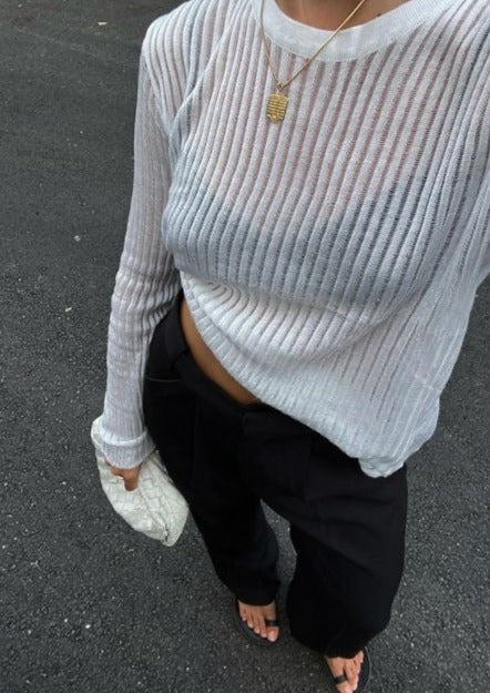 Rylee | Rib Gebreide Top met Ladder Design en Lange Mouwen