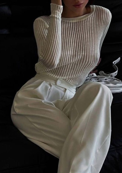 Rylee | Rib Gebreide Top met Ladder Design en Lange Mouwen