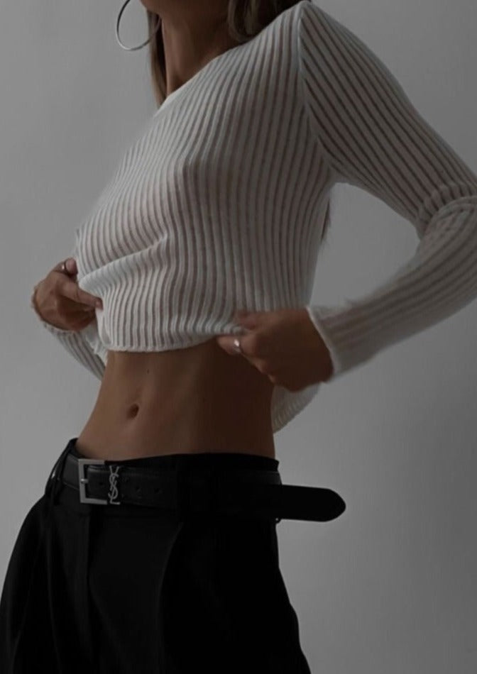 Rylee | Rib Gebreide Top met Ladder Design en Lange Mouwen