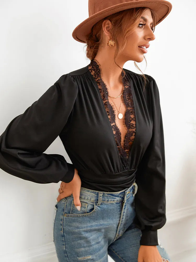 Giny | Kanten Bodysuit Dames – Plunge Halslijn met Stretch Pasvorm