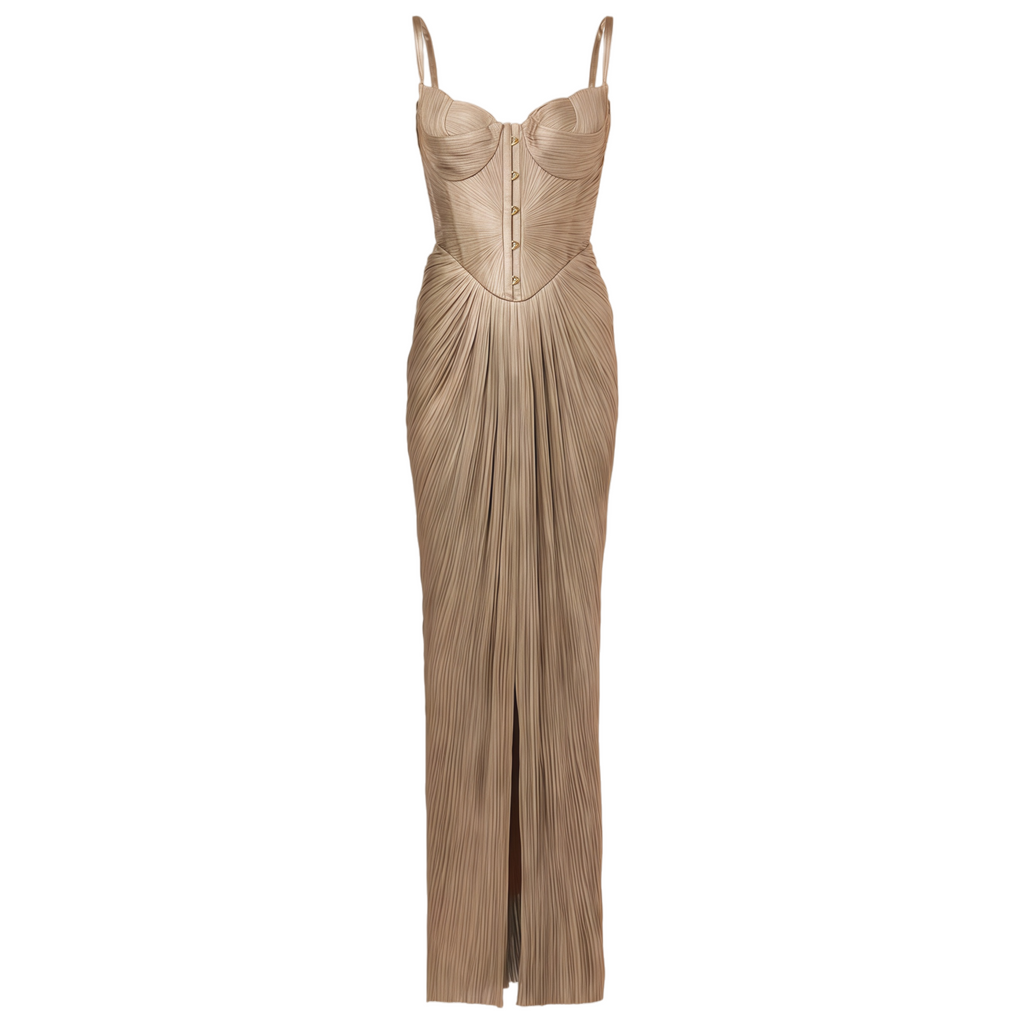 Nicoletta Gold Glossy Pleated Corset Maxi Dress