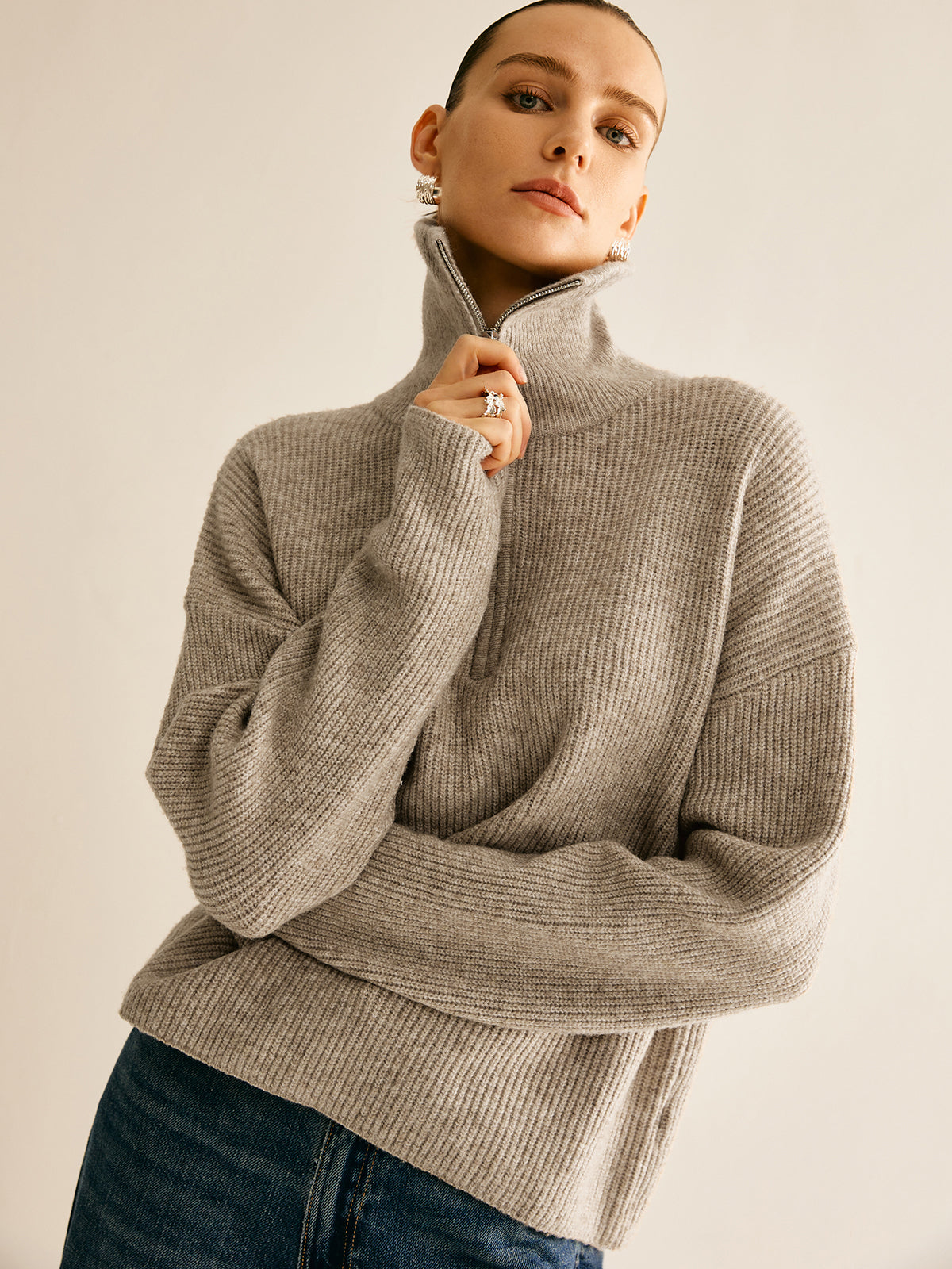 Jaxxy | Wol Blend Zipper Dames Sweater - Veel Stretch, Casual