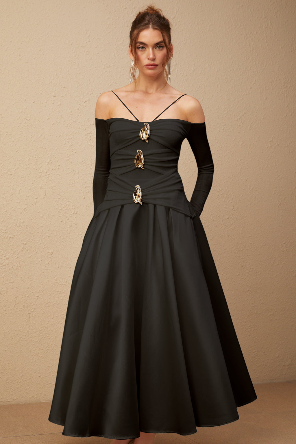 Nadine off-shoulder panelled maxi dress in Black