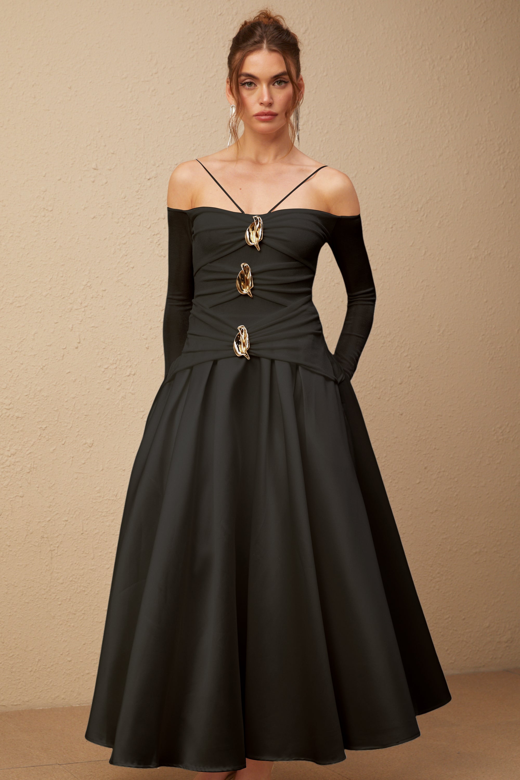 Nadine off-shoulder panelled maxi dress in Black