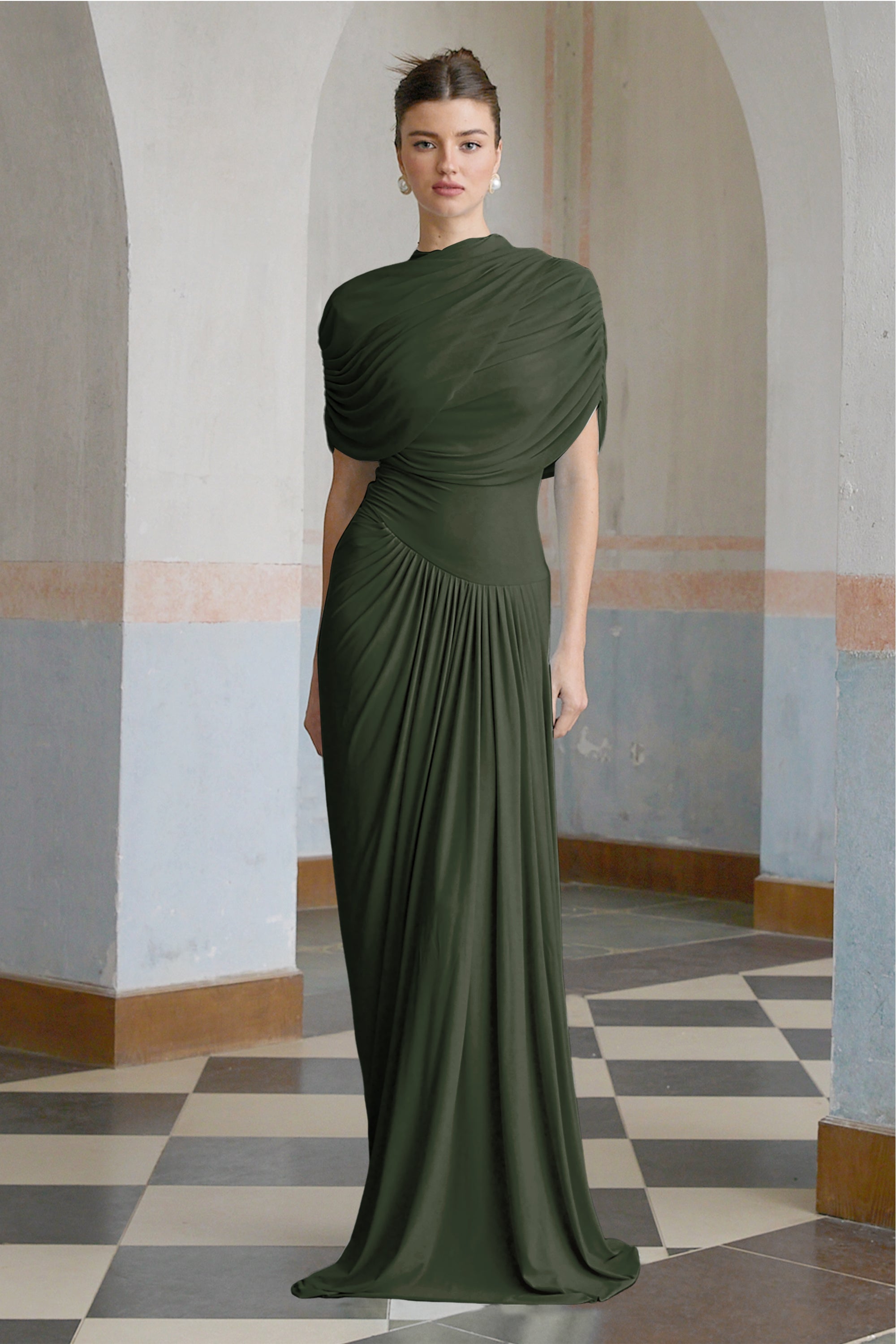 Catherine asymmetrical pleated maxi dress in Green