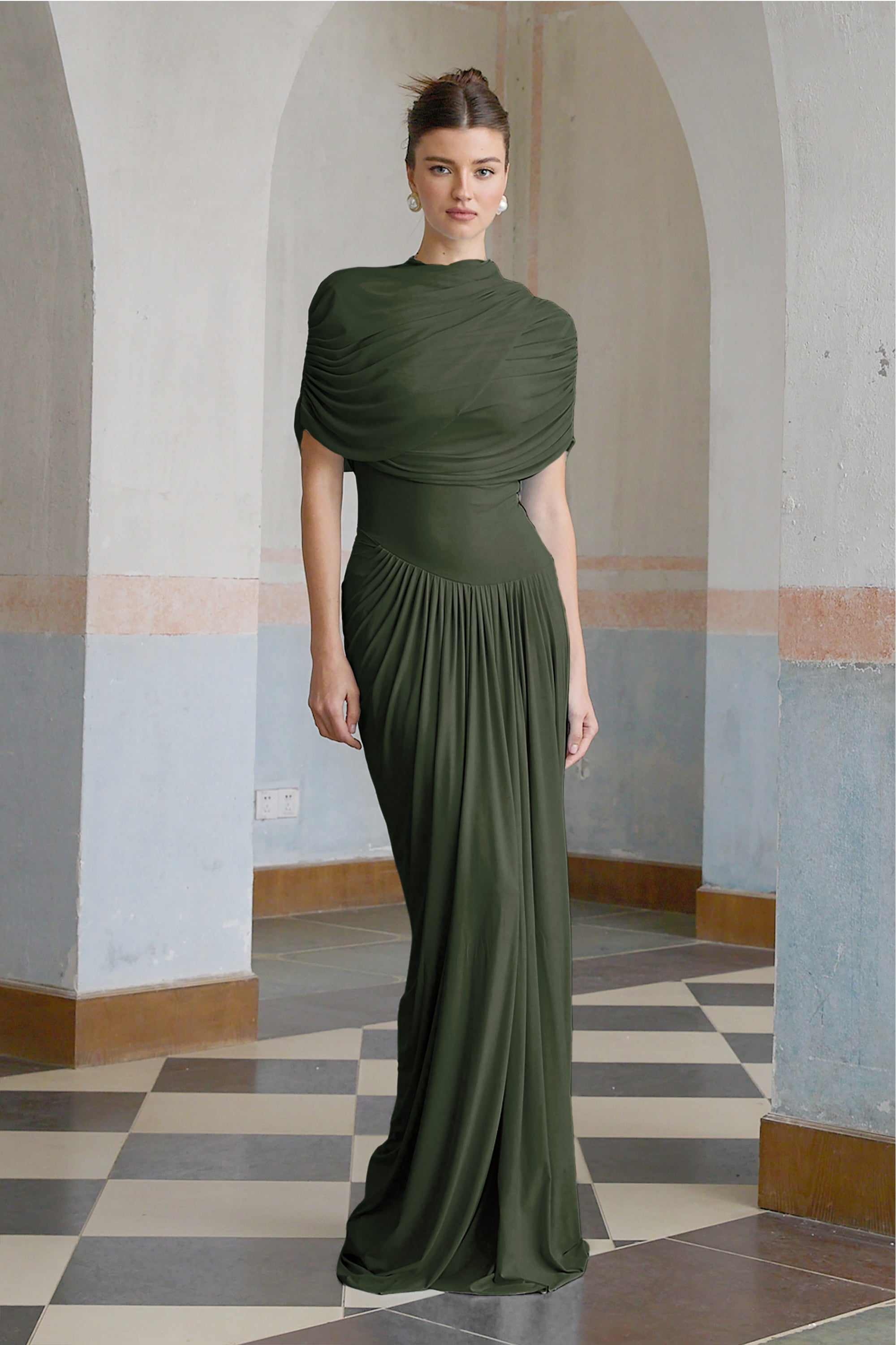 Catherine asymmetrical pleated maxi dress in Green